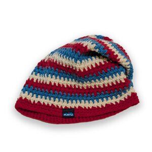 Kavu Head Hugger Red White and Blue Patterned Striped Knit Beanie Cap Hat Logo